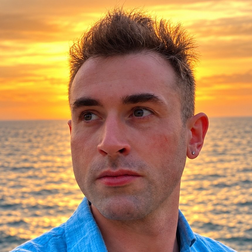 Felix Harris at sunset by the ocean